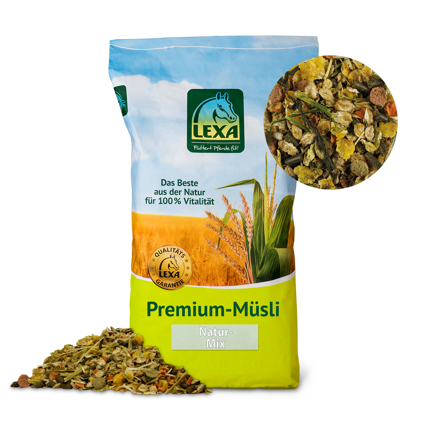 LEXA Premium-Müsli Natur-Mix Tüte mit LEXA Premium-Müsli Natur-Mix, umgeben von Müsli und einer Nahaufnahme der Mischung.