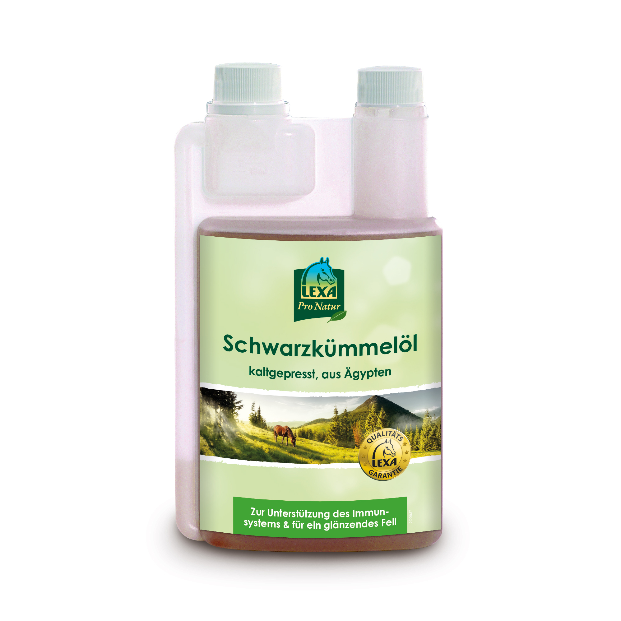 LEXA Schwarzkümmelöl Schwarzkümmelöl in einer transparenten Dosierflasche, kaltgepresst, aus Ägypten, mit grüner Etikettierung und Landschaftsbild im Hintergrund und dem Hinweis "Zur Unterstützung des Immunsystems & für ein glänzendes Fell".