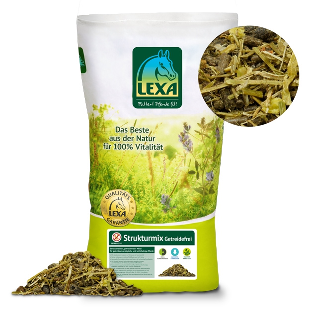 LEXA Strukturmix Getreidefrei LEXA Strukturmix, getreidefreies Futter für Pferde, in einer Verpackung mit einer Probe des Futters.