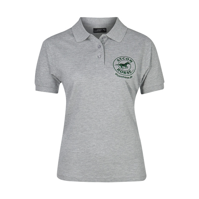 Graues Polo-Shirt mit grünem Logo 'ATCOR HORSE' auf der linken Brustseite.