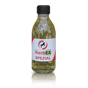 Flasche mit KerbEX SPEZIAL, einem Insektenschutzmittel für Hunde, in transparenter Verpackung.