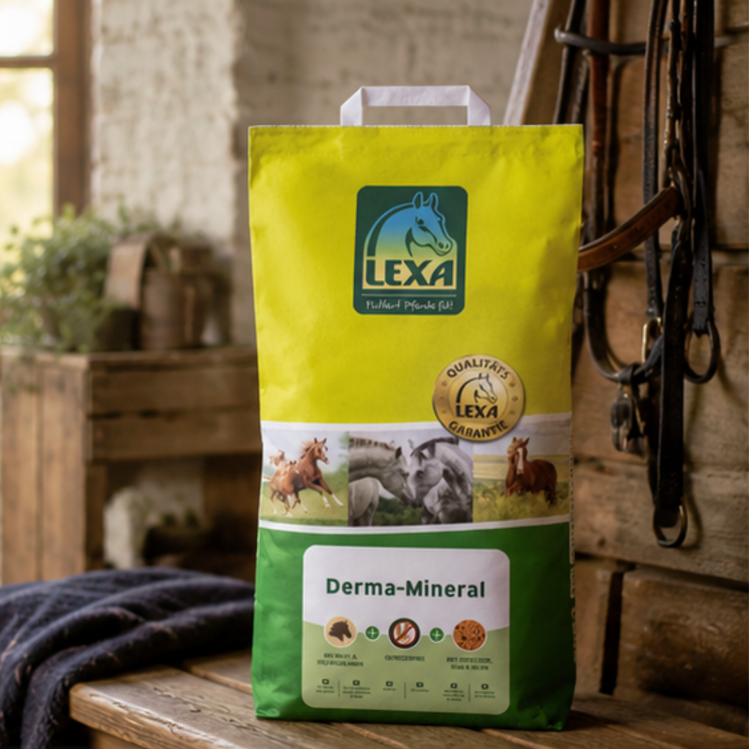 LEXA Derma-Mineral Futtersack im Stall neben Pferdezubehör