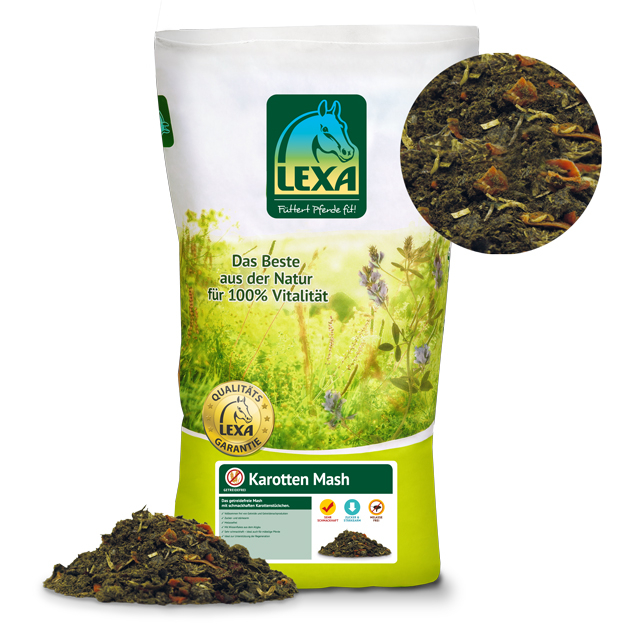 LEXA Karotten Mash für Pferde LEXA Karotten Mash, ein Futter für Pferde aus natürlichen Zutaten, in einer Verpackung mit grünem Design.