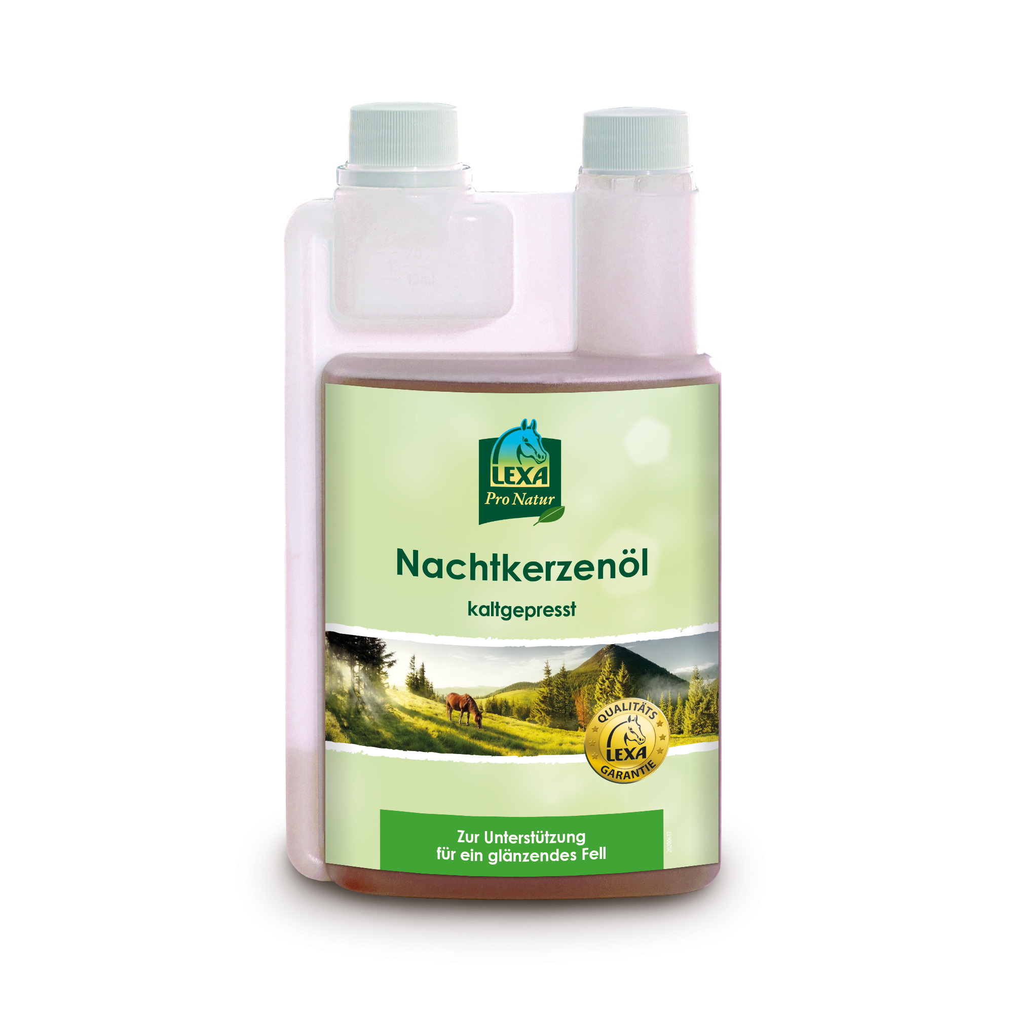 Nachtkerzenöl von LEXA Nachtkerzenöl in einer transparenten Flasche, kaltgepresst, zur Unterstützung für ein glänzendes Fell.