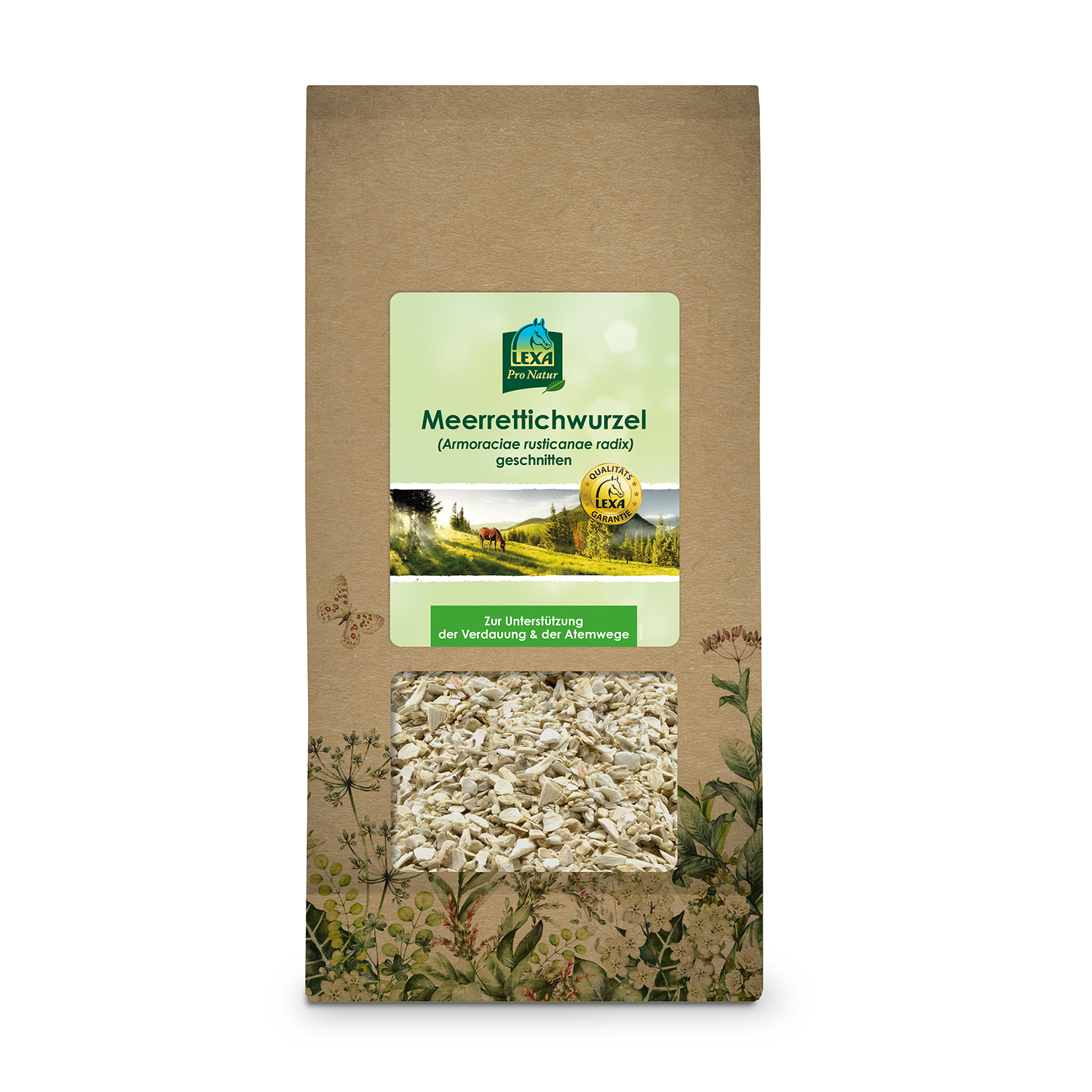 Meerrettichwurzel  Braune Papiertüte mit Meerrettichwurzel, mit grünem Etikett und Sichtfenster. Kräuterillustrationen am Rand der Verpackung.
