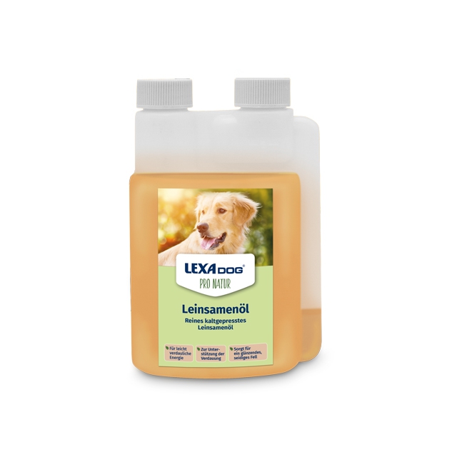 LEXA DOG Leinöl für Hunde Flasche mit LEXA DOG Leinöl, 500 ml, für Hunde, mit gelber Flüssigkeit.