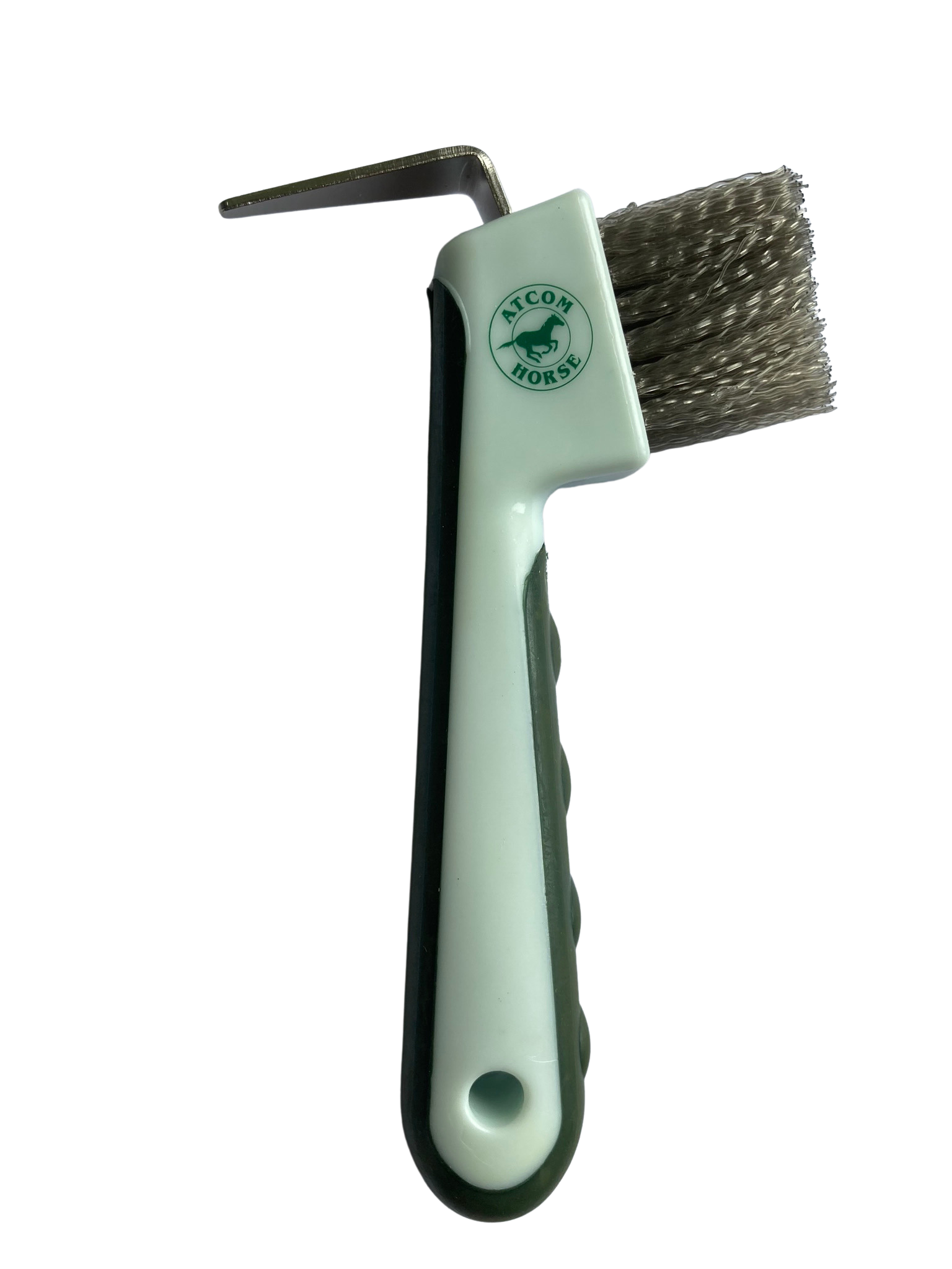 Bürste mit einem weißen Griff und Metallborsten, geeignet für Reinigungsarbeiten.