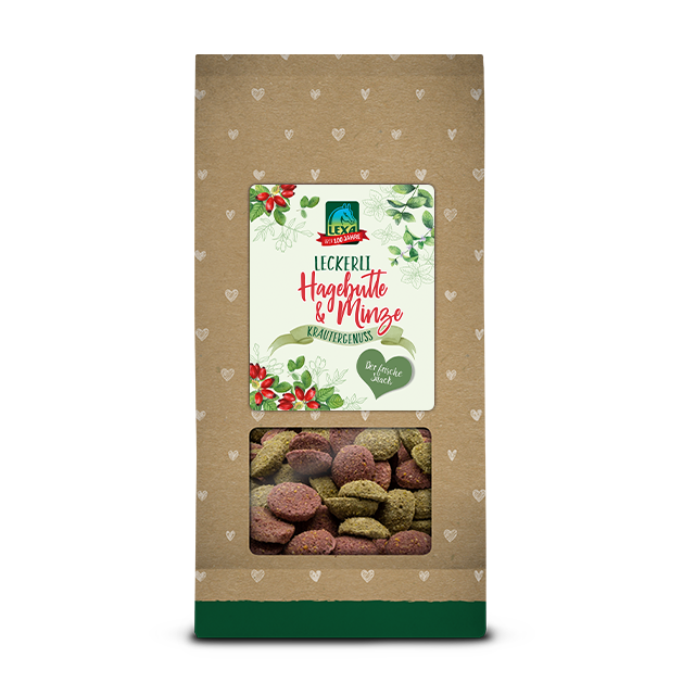 Die Kräcker sind in einer Grün braunen Verpackung (1kg Beutel) mit einem Etikett und einem Sichtfenster für die Leckerlis.