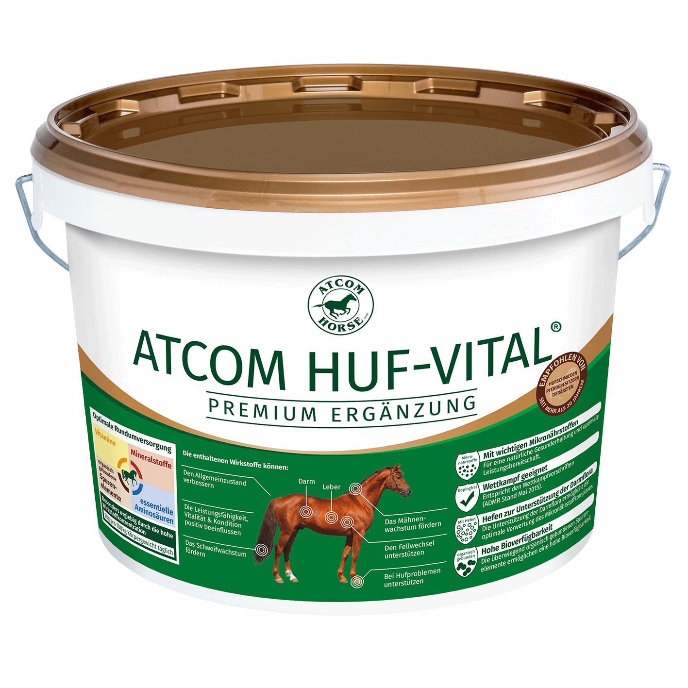 ATCOM HUF-VITAL Eimer Eimer (Kunstsoff) mit ATCOM HUF-VITAL, einer Premium-Ergänzung für Pferde, zeigt Inhaltsstoffe und Anwendungshinweise. Goldener Deckel.