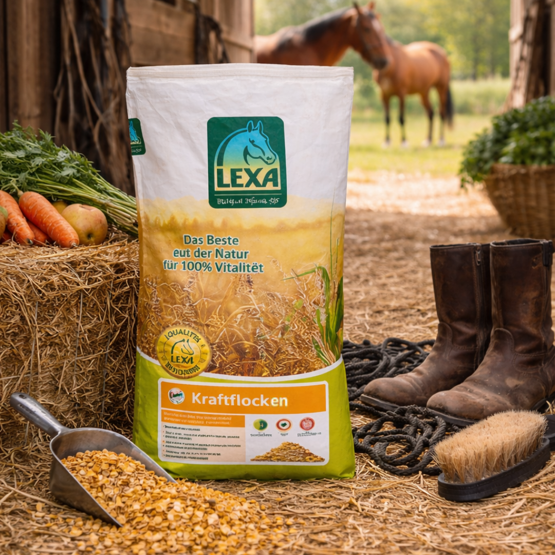 Pferd frisst Kraftflocken im Futtertrog – energiereiches Futter im Einsatz