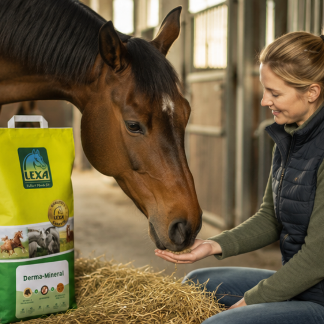 Pferd frisst neben LEXA Derma-Mineral Futtersack im Stall