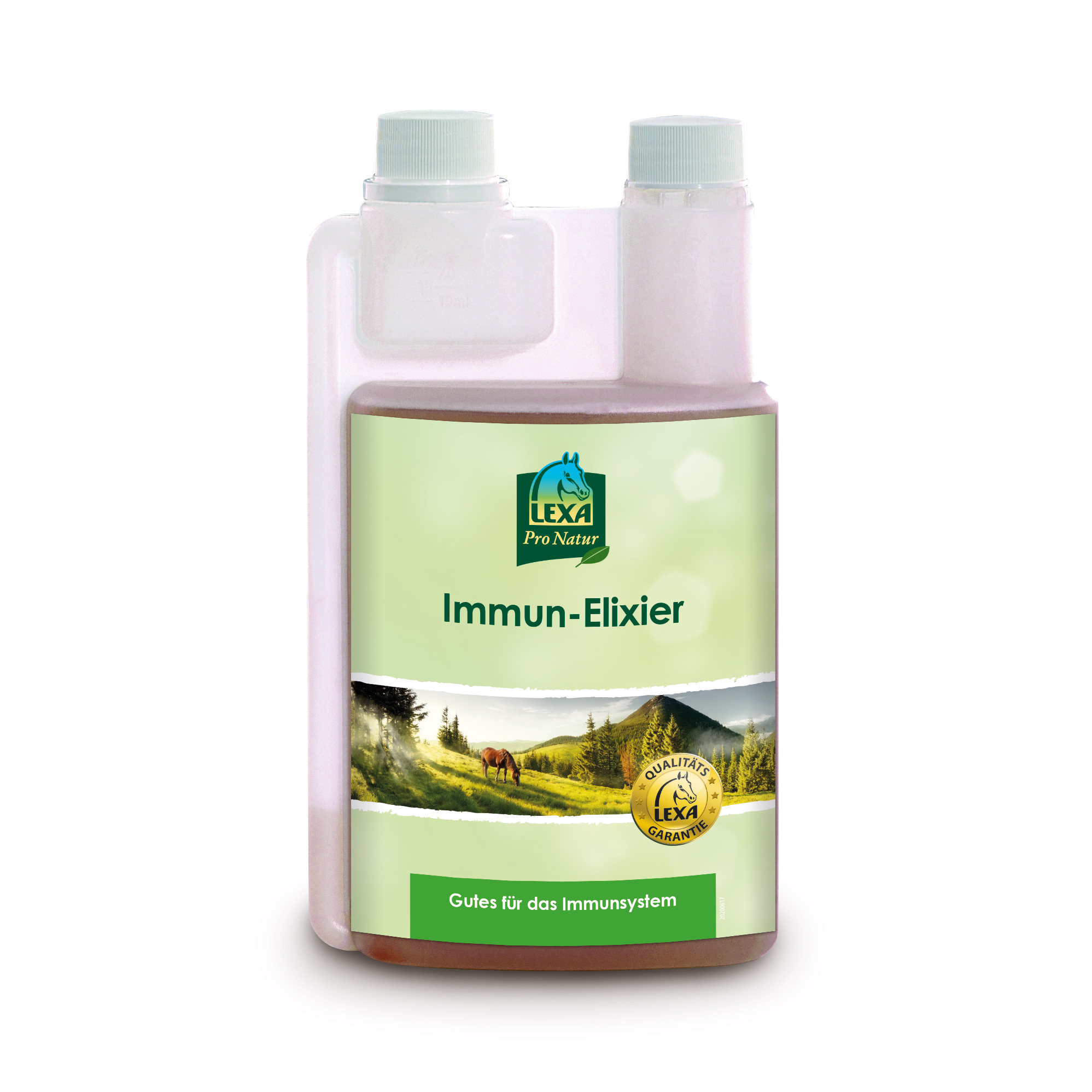 LEXA Pro Nature Immun-Elixier Flasche mit Immun-Elixier von LEXA Pro Nature, grüne Verpackung, geeignet zur Unterstützung des Immunsystems.