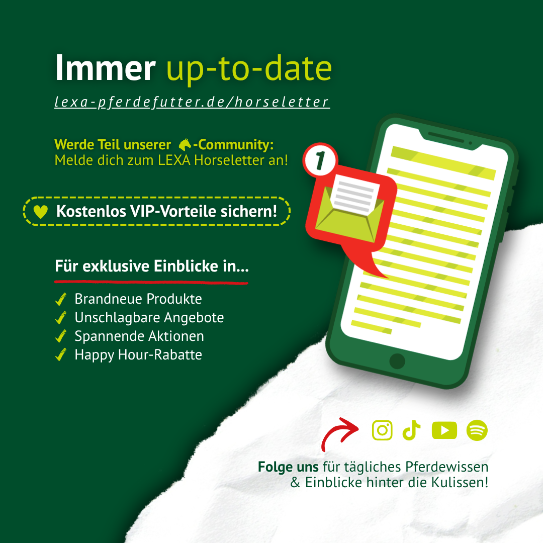 Newsletter Anmeldung für Pferdefutter Tipps, Angebote und exklusive Einblicke von LEXA