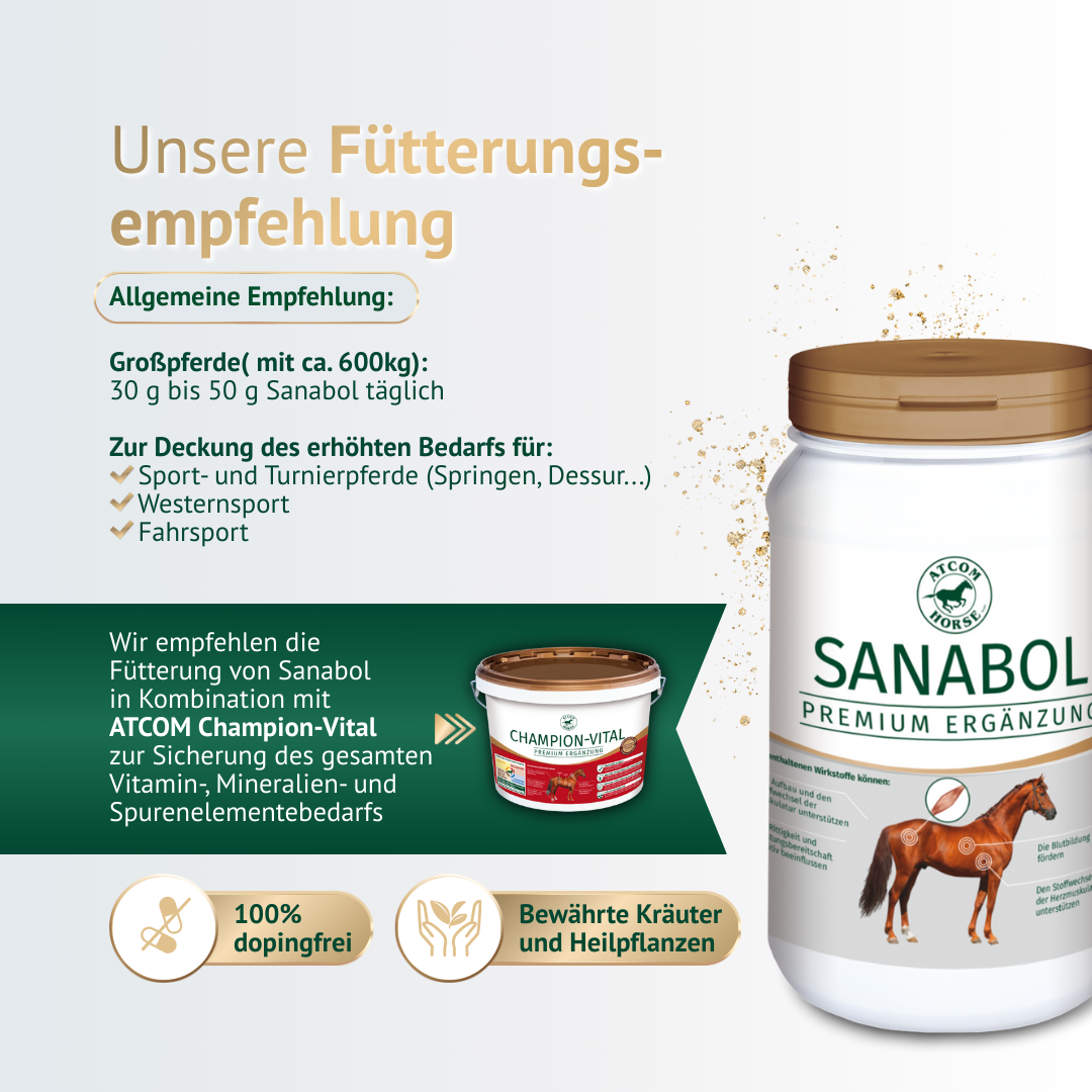 Fütterungsempfehlung für ATCOM Sanabol inklusive Dosierung, Einsatz im Sport und Kombination mit ATCOM Champion Vital
