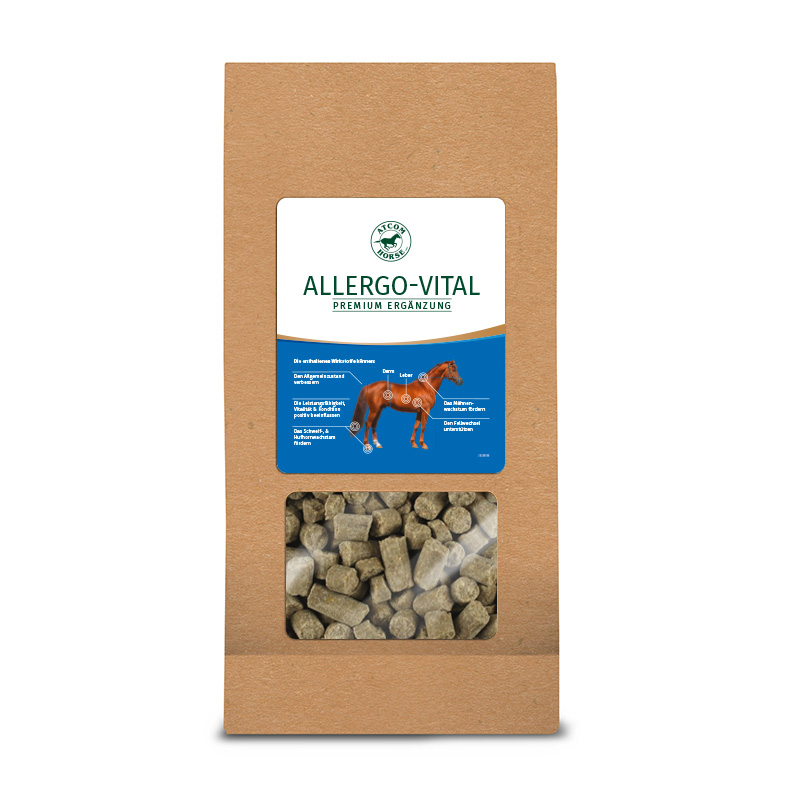 ATCOM Allergo-Vital in einem braunen 1kg Beutel und mit einem blauen Etikett und einem Sichtfenster