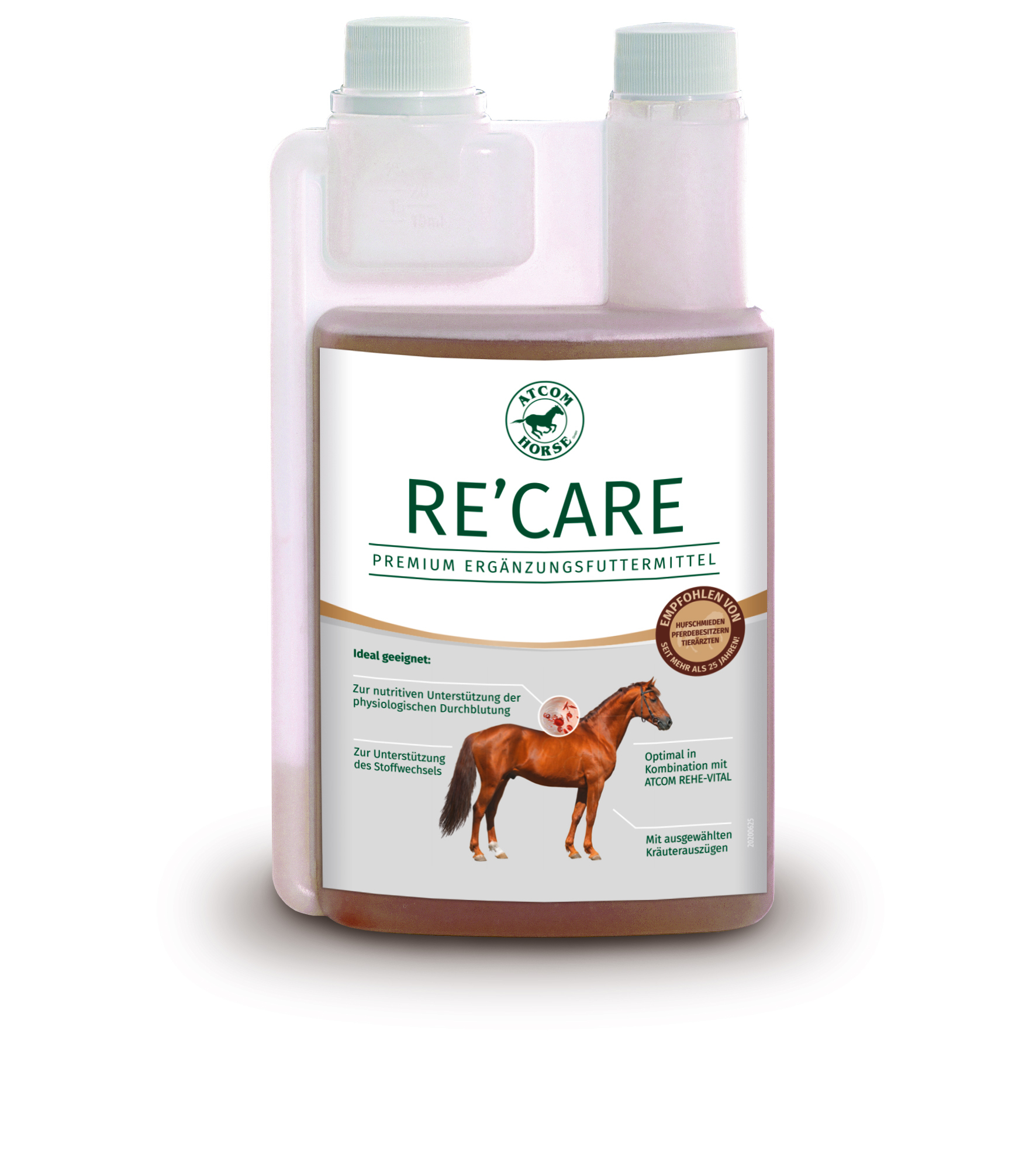 RE'CARE Ergänzungsfuttermittel für Pferde Dosierflasche (Kunststoff)mit RE'CARE Premium Ergänzungsfuttermittel für Pferde, braune Flüssigkeit, ideal zur Unterstützung der Gesundheit.