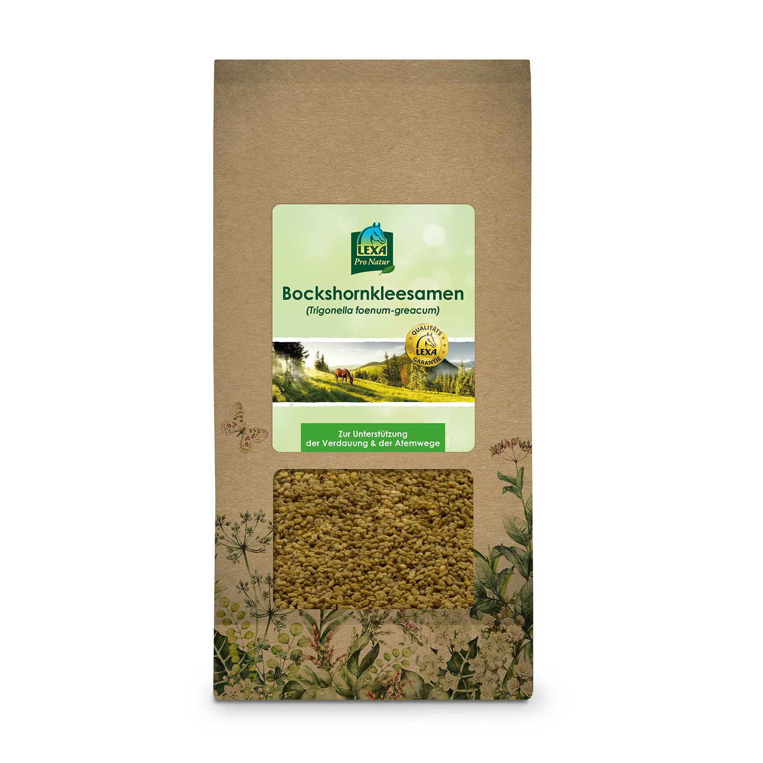 Bockshornkleesamen  Braune Papiertüte mit Bockshornkleesamen  mit Sichtfenster und einem grünem Etikett. Kräuterillustrationen am Rand der Verpackung.