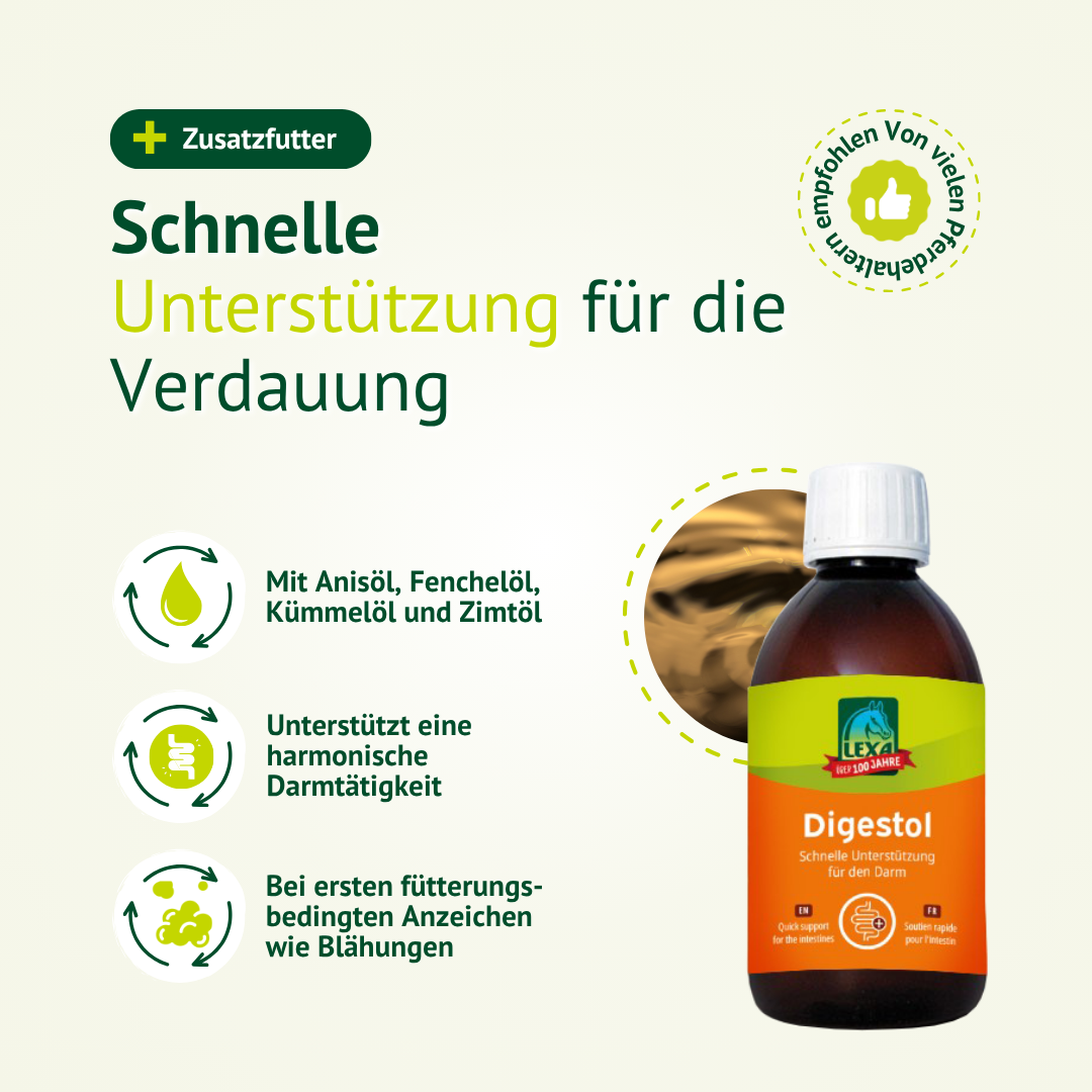 LEXA Digestol Zusatzfutter zur schnellen Unterstützung der Pferdeverdauung mit Anisöl, Fenchelöl, Kümmelöl und Zimtöl.