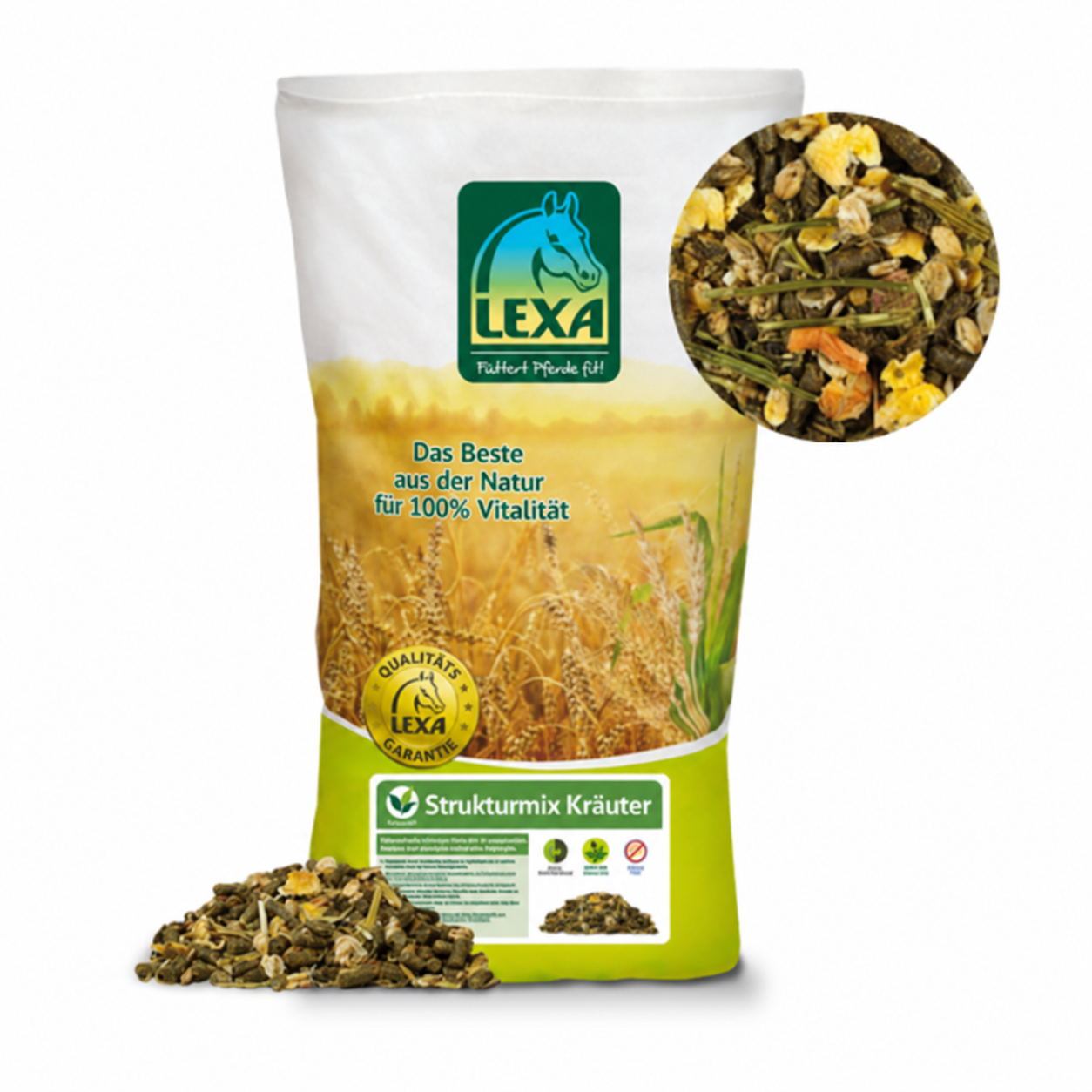 Verpackung als grünen Sack von LEXA Strukturmix Isländer mit einer Banderole mit der Aufschrift NEU und einem Bild mit der Struktur des Müslis.