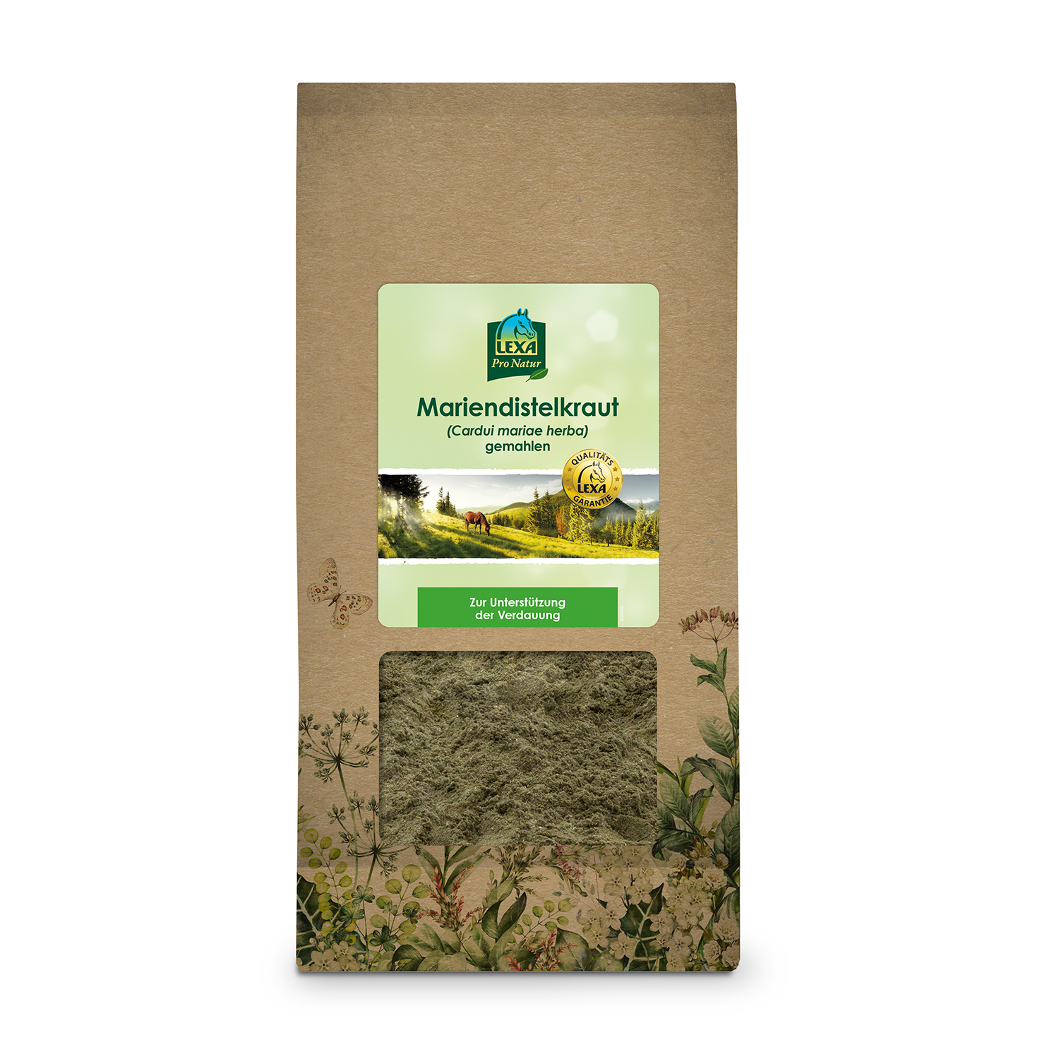 Mariendistelkraut von LEXA Braune Papiertüte mit grünem Etikett, Sichtfenster mit gemahlenem Mariendistelkraut, Landschaftsillustration, Kräuterdekor und Hinweis „Zur Unterstützung der Verdauung“.