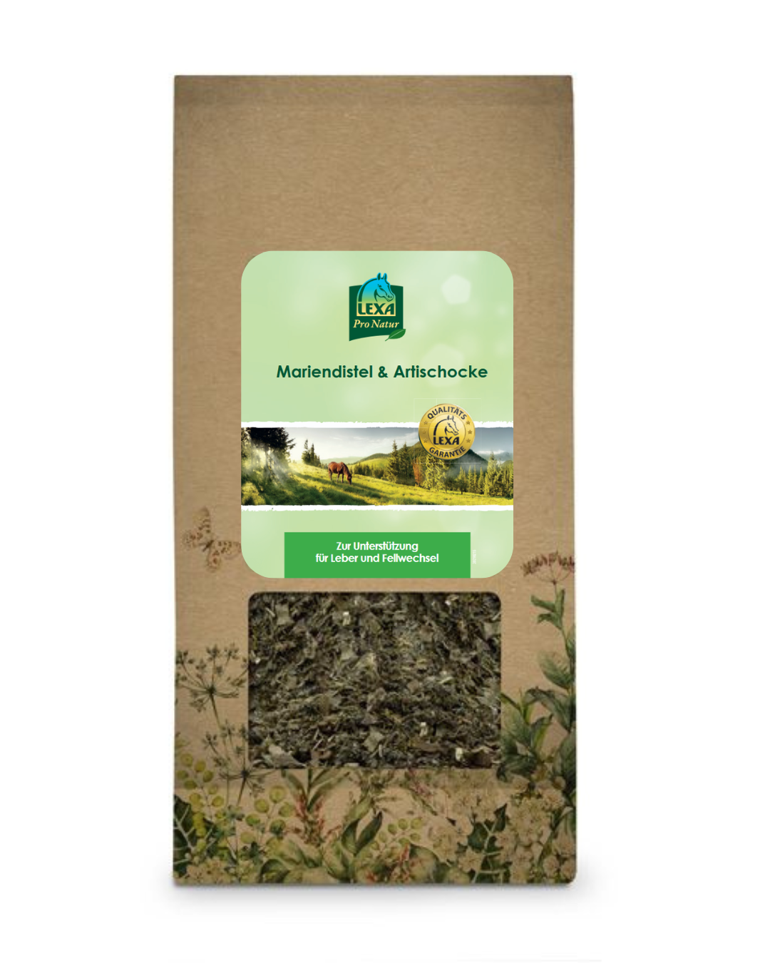 Produktverpackung „LEXA Pro Natur Mariendistel & Artischocke“ – Kräutermischung zur Unterstützung von Leber und Fellwechsel bei Pferden.