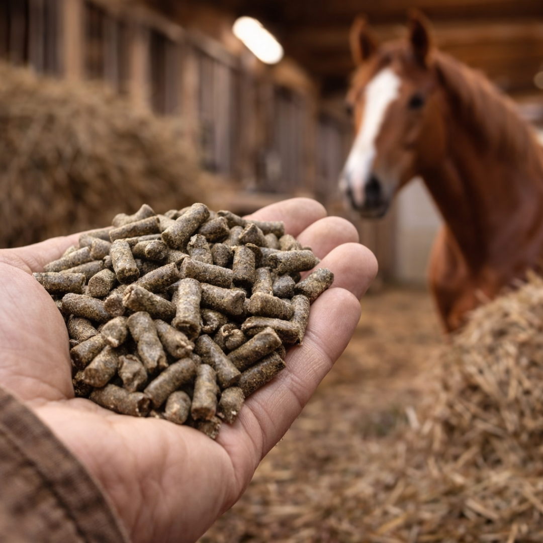 Pferdefutter Pellets in der Hand vor einem Pferd im Stall – Digest Plus Anwendung