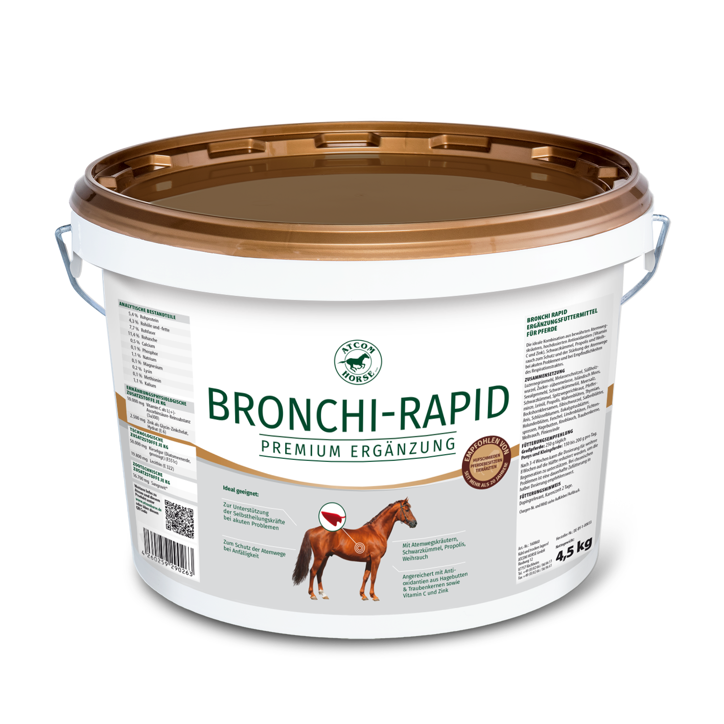 Bronchi-Rapid Ergänzungsfuttermittel für Pferde Eimer mit Bronchi-Rapid, einem Premium-Ergänzungsfuttermittel für Pferde, 4,5 kg.