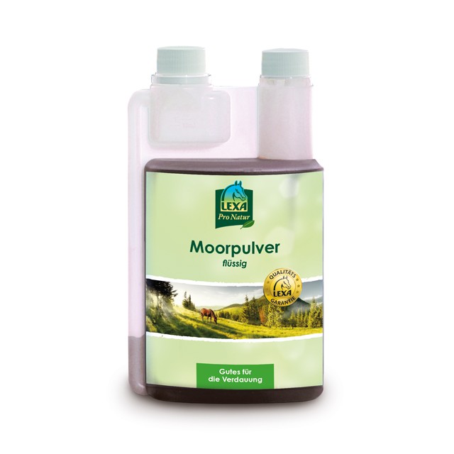 LEXA Moorpulver Moorpulver, in einer transparenten Dosierflasche und grünem Etikett.