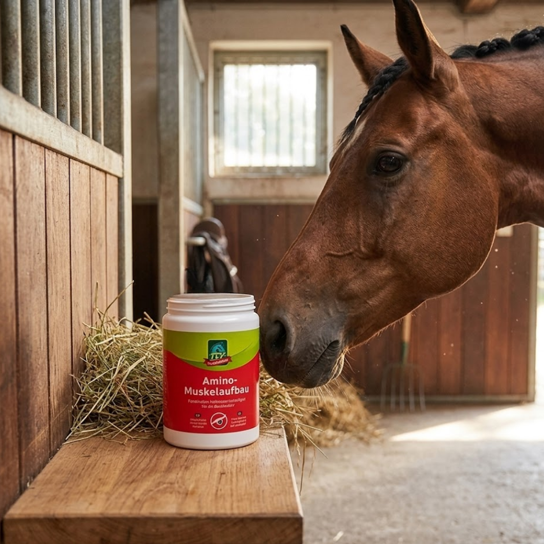 LEXA Amino Muskelaufbau im Stall – Ergänzungsfutter für Pferde zur Unterstützung von Muskelaufbau und Vitalität im täglichen Training.