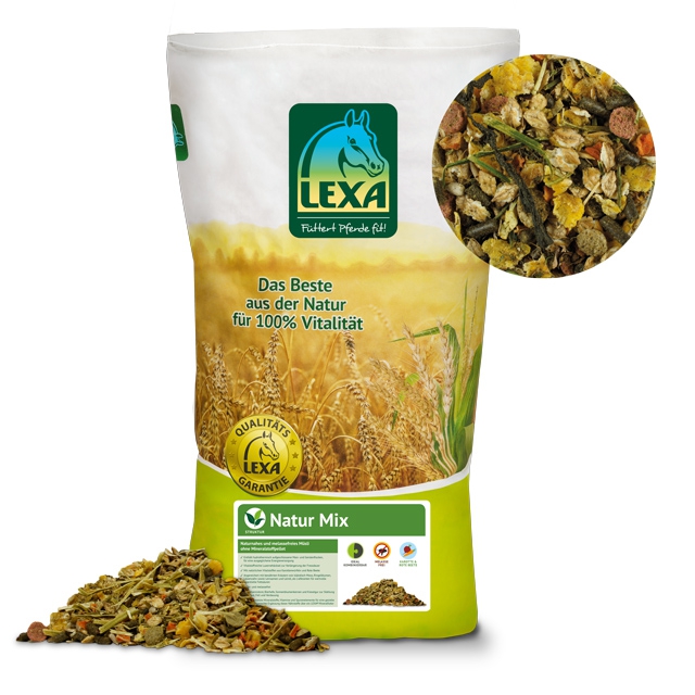 LEXA Natur Mix für Tiere LEXA Natur Mix für Tiere, enthält verschiedene Kräuter und Zutaten für Vitalität, Verpackung in einem großen Beutel.
