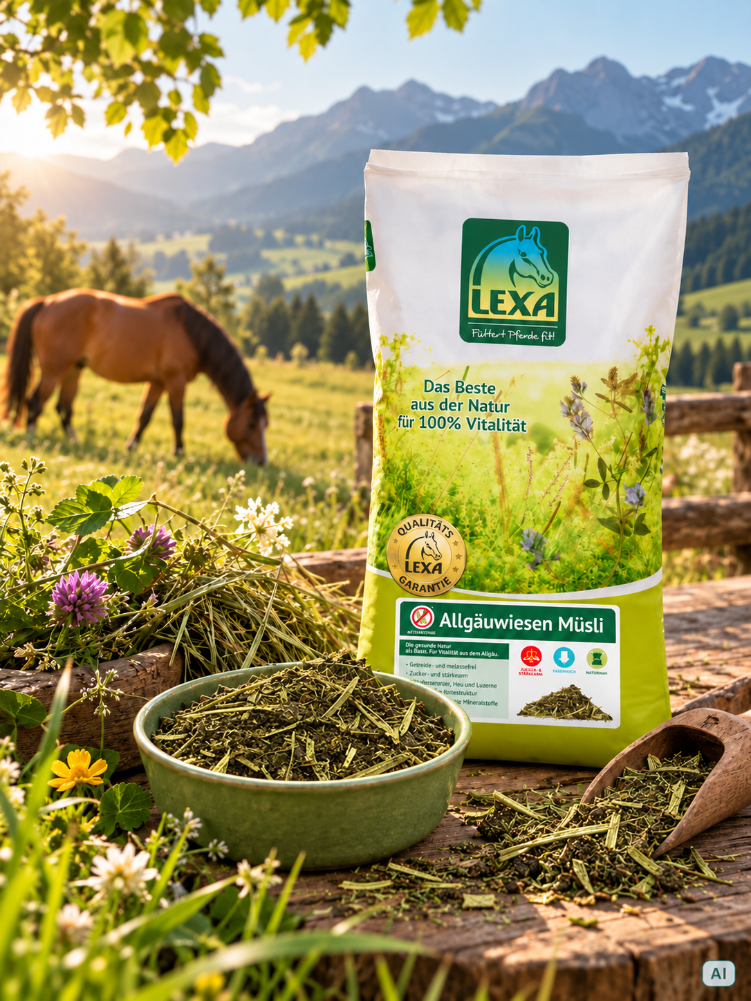 Pferd steht auf Wiese im Allgäu, davor Sack mit Allgäuwiesen Müsli