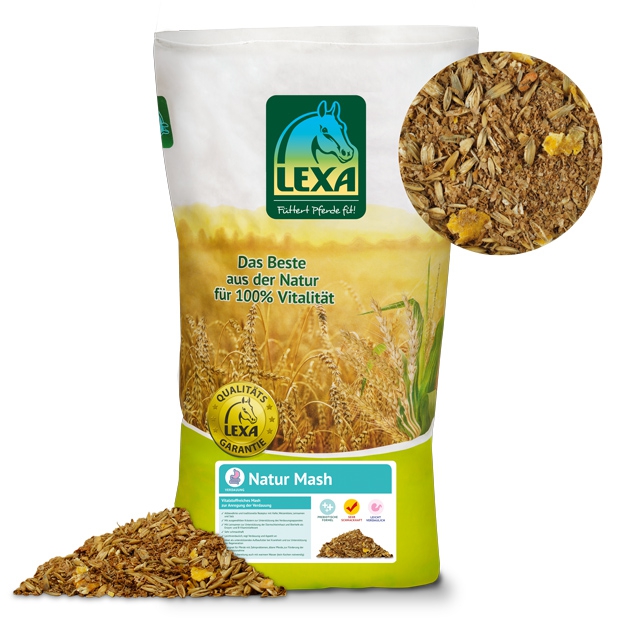 LEXA Natur Mash Pferdefutter LEXA Natur Mash, ein Futter für Pferde, verpackt in einer grünen Tüte mit gelbem Logo und einer Mischung aus getrockneten Zutaten.