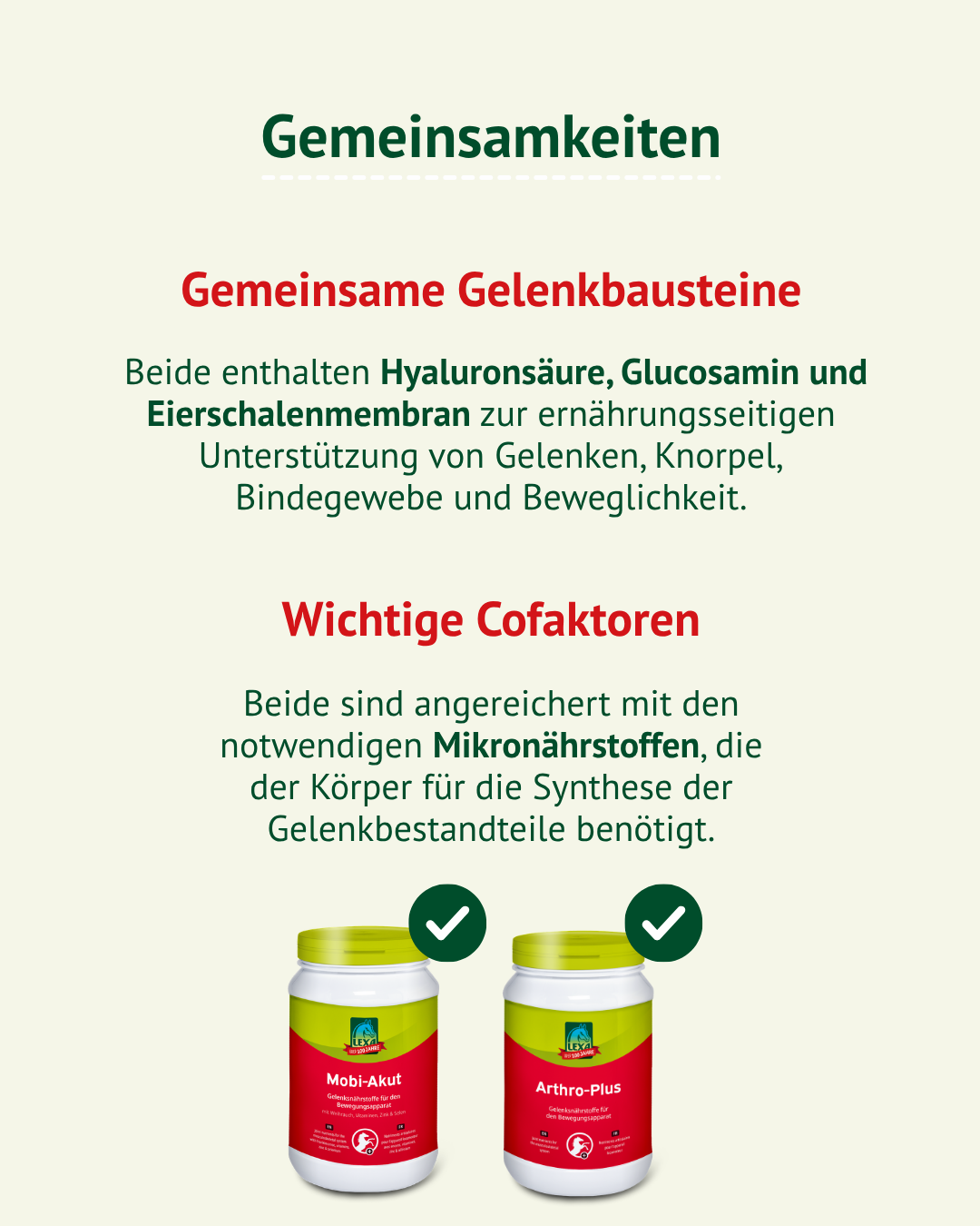Gemeinsamkeiten von LEXA Mobi-Akut und Arthro-Plus mit Gelenkbausteinen und Mikronährstoffen