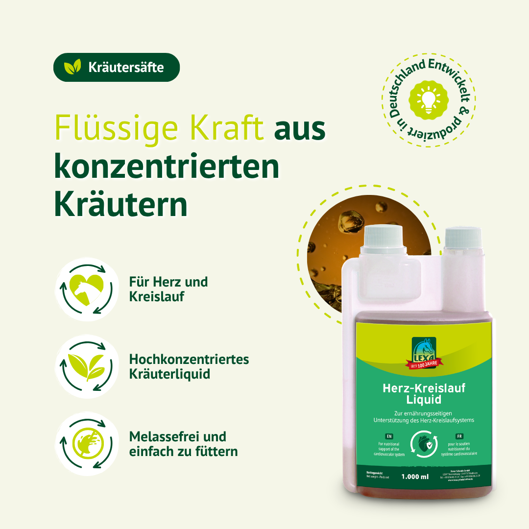 LEXA Herz-Kreislauf Liquid für Pferde mit konzentrierten Kräutern zur Unterstützung von Herz und Kreislauf.