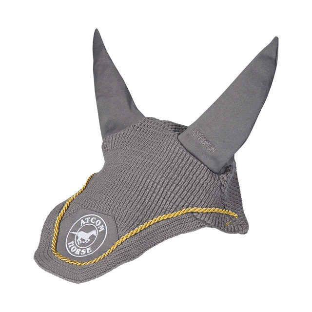 Graue Fliegenhaube für Pferde mit zwei langen Ohren und goldener Kordel.