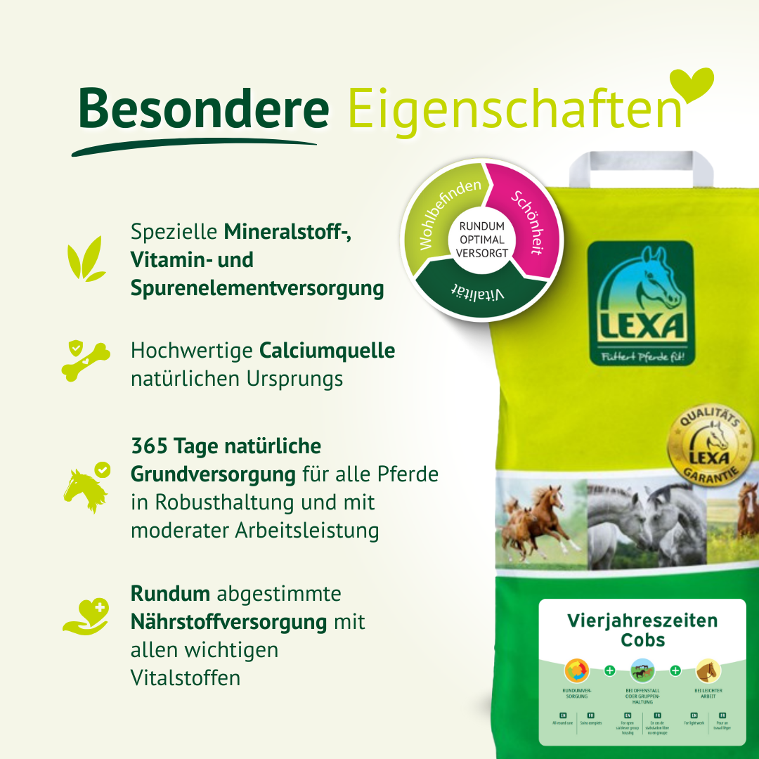 Infografik zu LEXA Pferdefutter-Vorteilen: Mineralstoff-Versorgung, natürliche Calciumquelle und 365 Tage Grundversorgung für alle Pferde.