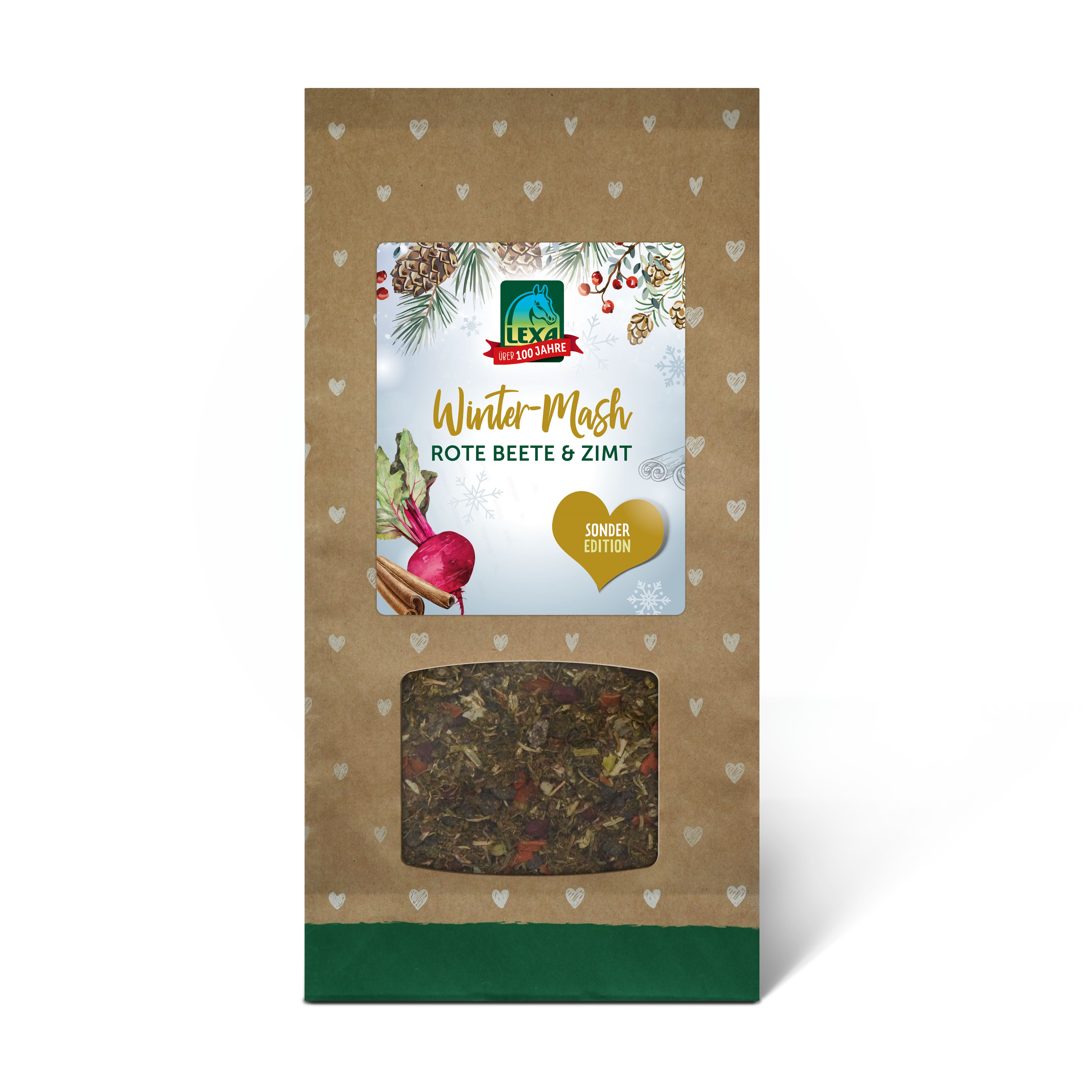 LEXA Winter-Mash Rote Beete & Zimt Verpackung von LEXA Winter-Mash mit Rote Beete und Zimt, Sonderedition, auf braunem Hintergrund mit Herzchenmuster.