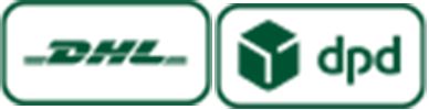 Logos von DHL und DPD, beide in grünem Design. DHL-Logo zeigt den Schriftzug 'DHL' in Großbuchstaben, DPD-Logo zeigt einen stilisierten Würfel.