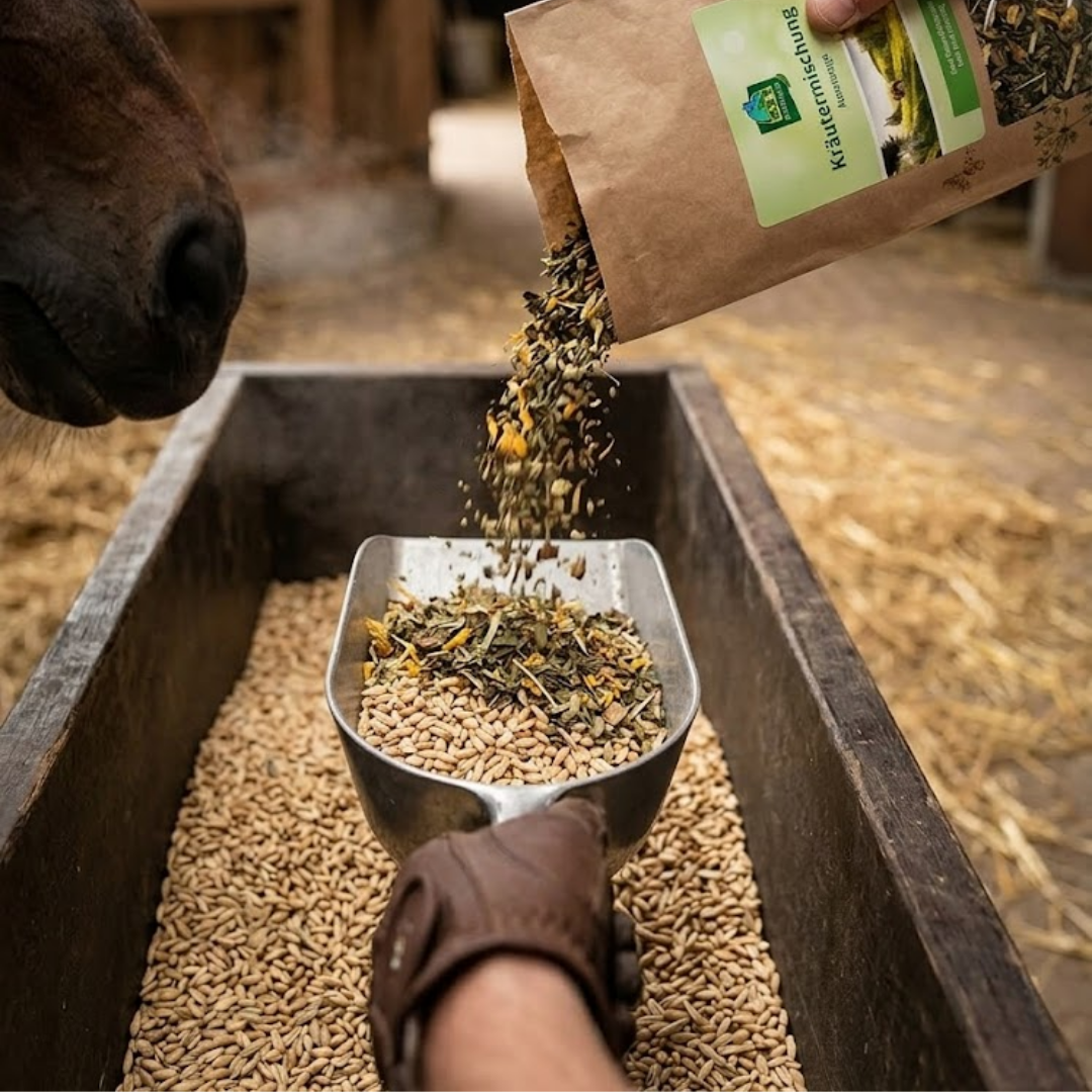 Kräutermischung wird ins Pferdefutter gegeben – natürliche Unterstützung der Atemwege im Stall