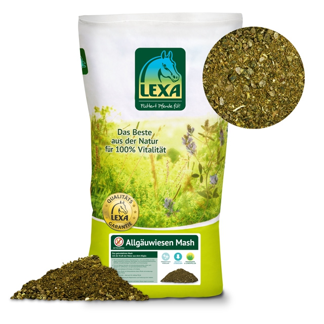 LEXA Allgäuwiesen Mash für Pferde LEXA Allgäuwiesen Mash, ein Futter für Pferde, in einer grünen Verpackung mit abgebildetem Futterinhalt.