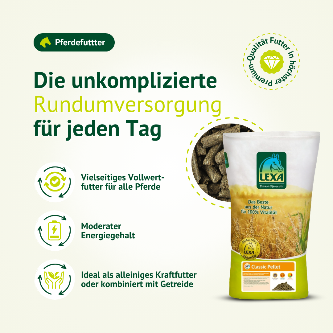 LEXA Classic Pellet – vielseitiges Vollwertfutter für Pferde mit moderatem Energiegehalt für die tägliche Versorgung