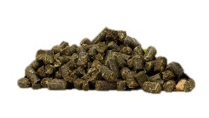 Grüne Pellets Eine Ansammlung von grünen Pellets, wahrscheinlich aus getrocknetem Gras oder Heu.