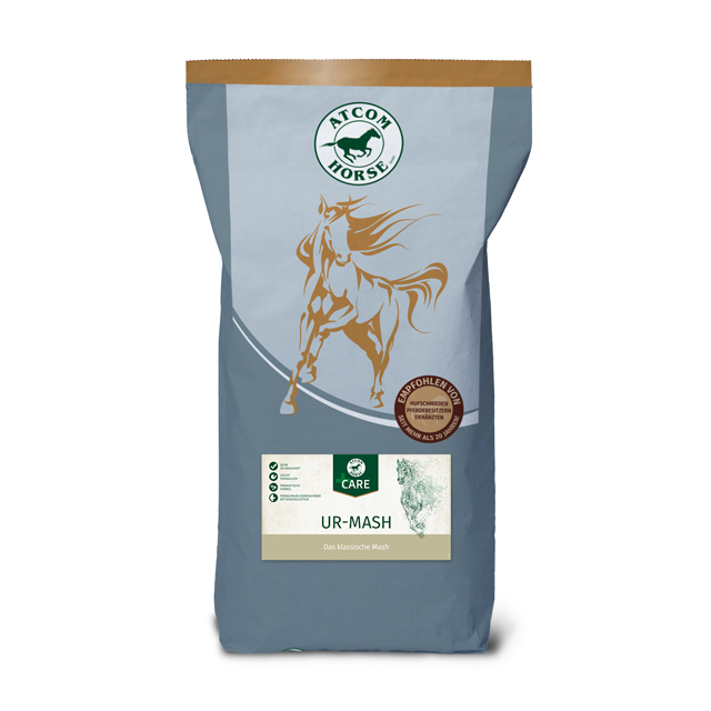 ATCOM Horse UR-Mash Futter ATCOM Horse UR-Mash, ein Futter für Pferde in einer grauen Verpackung mit einem Pferdemotiv.