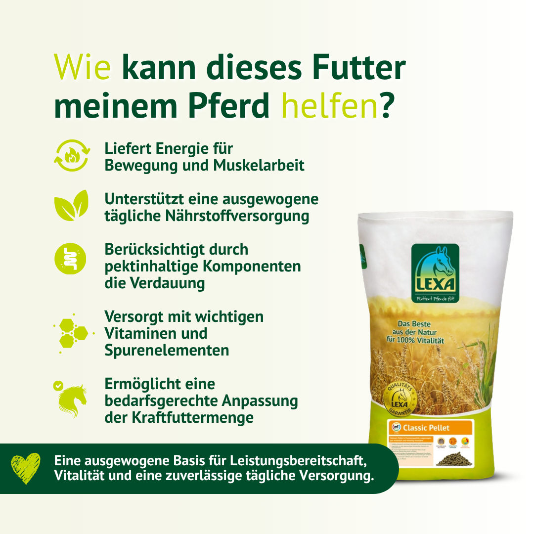 LEXA Classic Pellet unterstützt Pferde mit Energie, Ballaststoffen, Vitaminen, Mineralstoffen und Spurenelementen