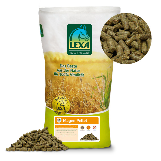 LEXA Magen Pellet im Futtersack mit orangefarbenem Etikett, losen Pellets davor und runder Nahaufnahme der Pellets auf weißem Hintergrund.