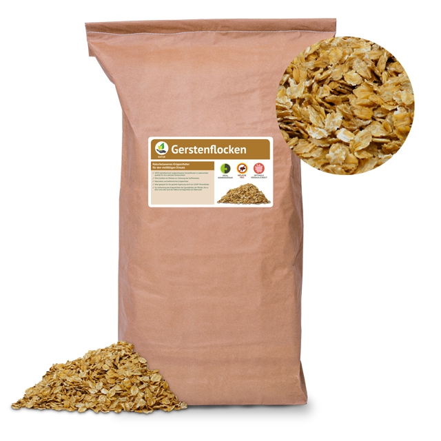 Verpackung von Gerstenflocken Braune Verpackung mit Gerstenflocken, daneben eine Nahaufnahme der Flocken.