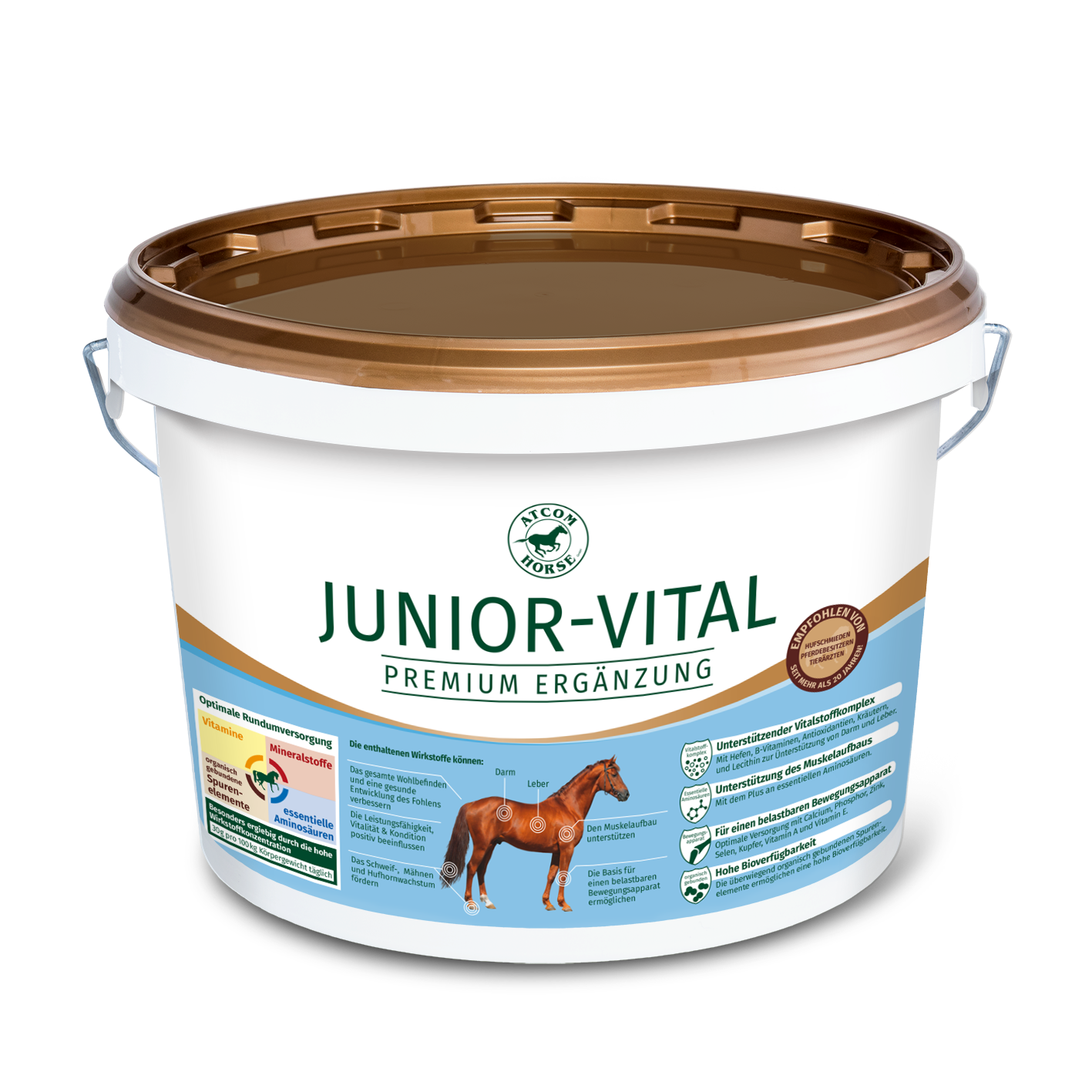 Junior-Vital Ergänzungsfuttermittel für Pferde Eimer mit Junior-Vital, einem Premium-Ergänzungsfuttermittel für Pferde, mit Informationen zu Inhaltsstoffen und Anwendung.