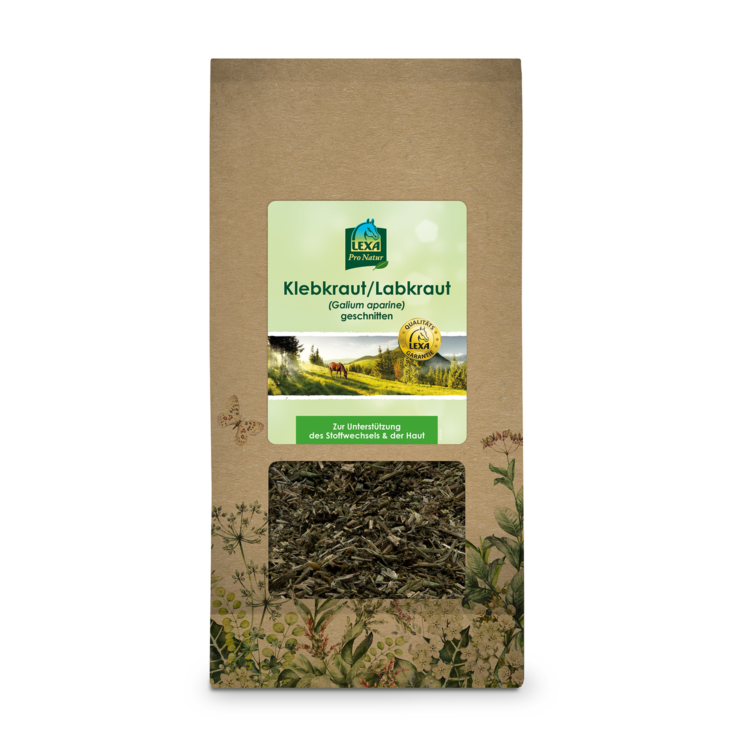 Getrocknetes Klebkraut  Braune Papiertüte mit getrocknetem Klebkraut, mit Sichtfenster und grünem Etikett. Kräuterillustrationen am Rand der Verpackung.