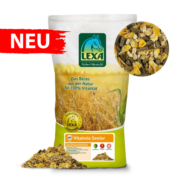 LEXA Vitalmix Senior Grüner Sack als Verpackung von unserem LEXA Vitalmix Senior. Mit roter Banderole und einen Produktbild, welches die Struktur des Müslis abbildet.