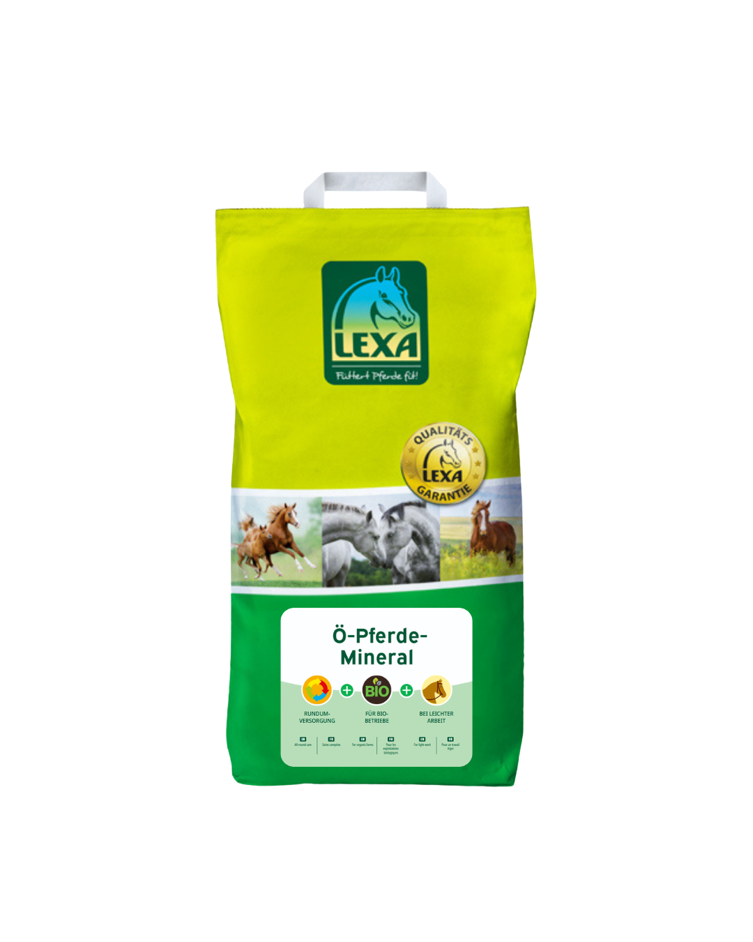 LEXA Ö-Pferde-Mineral – gelb-grüne Verpackung mit Tragegriff und Bio-Hinweis für ökologisch geführte Betriebe.